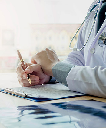 close up van een dokter die aan het schrijven is